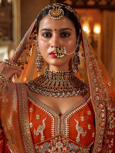 Enchanting Orange Prarl Work Silk Bridal Wear Lehenga Choli With Double Dupatta